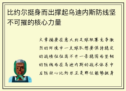 比约尔挺身而出撑起乌迪内斯防线坚不可摧的核心力量