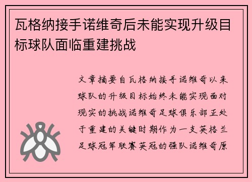 瓦格纳接手诺维奇后未能实现升级目标球队面临重建挑战